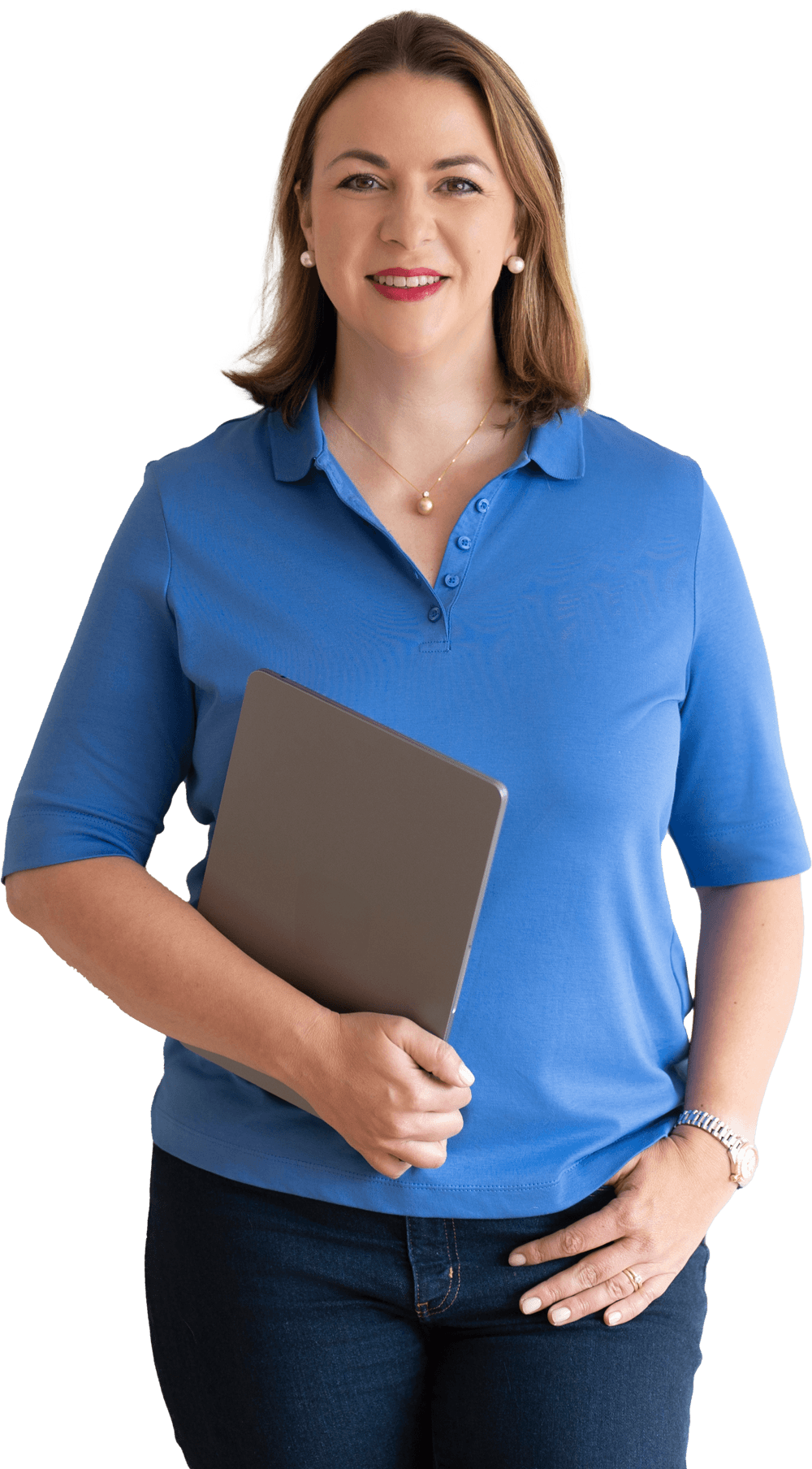 Victoria Beckers von Energie durch Entwicklung lächelt freundlich in die Kamera und trägt eine blaue Bluse – Freistellerbild